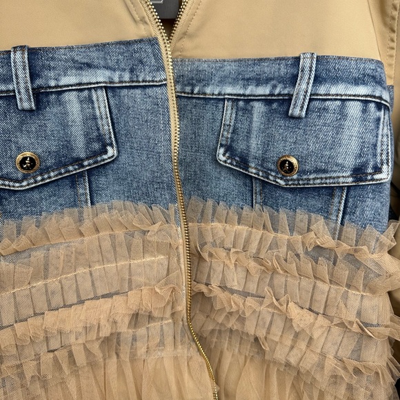 NWT Mesh Layer Bomber Jacket Denim and Tan Ruffle Jacket - Picture 4 of 13